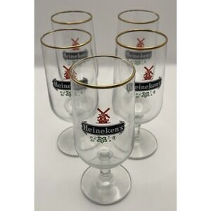 Vintage Set of 5 Heineken Stemmed Beer Glasses Gold Rim